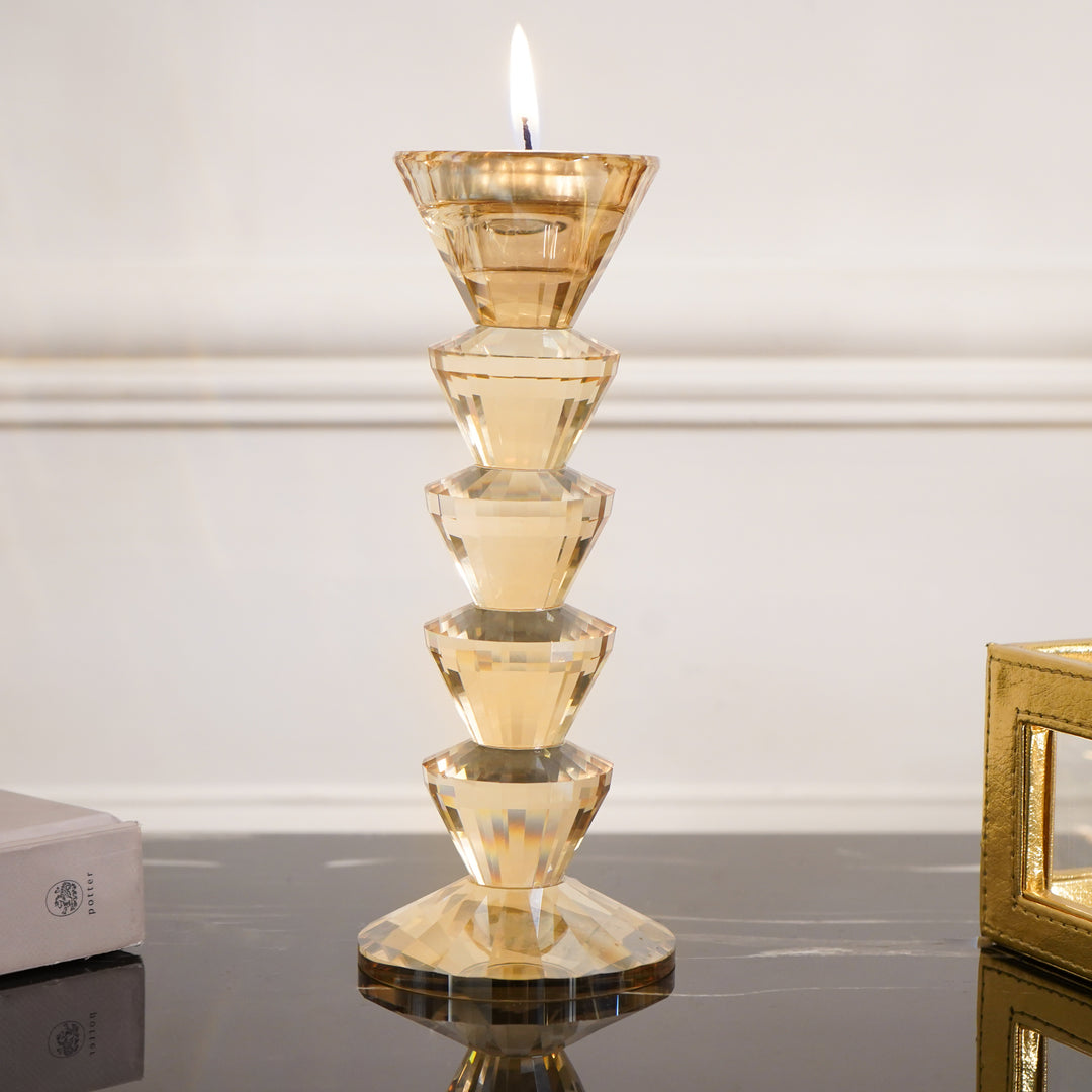 Dual Side Crystal Tapered Candle Holder, Tinted Gold