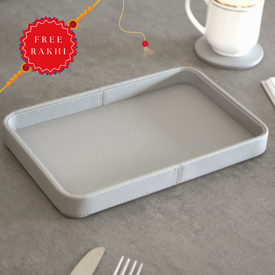 Faux Leather Oblong Serving Tray, Grey