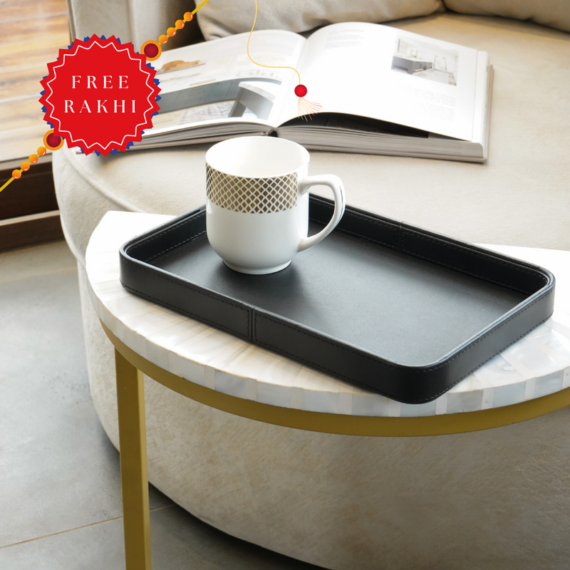 Faux Leather Oblong Serving Tray, Black