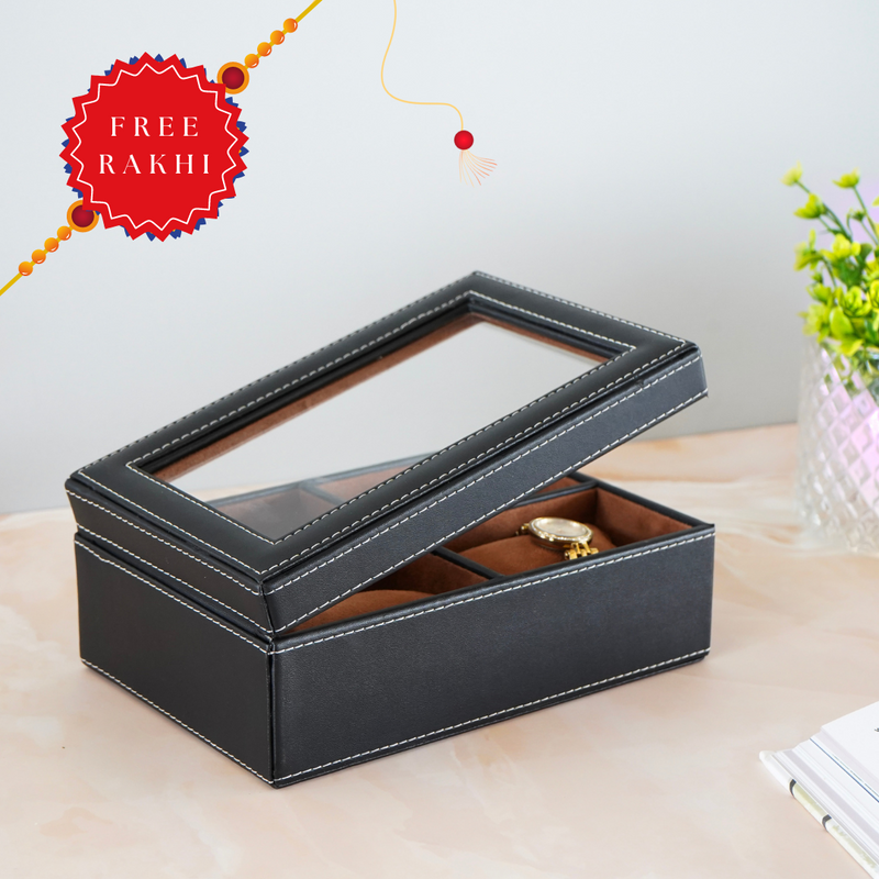 Black & Tan Contrast 4 Compartment Watch Box With Glass Top