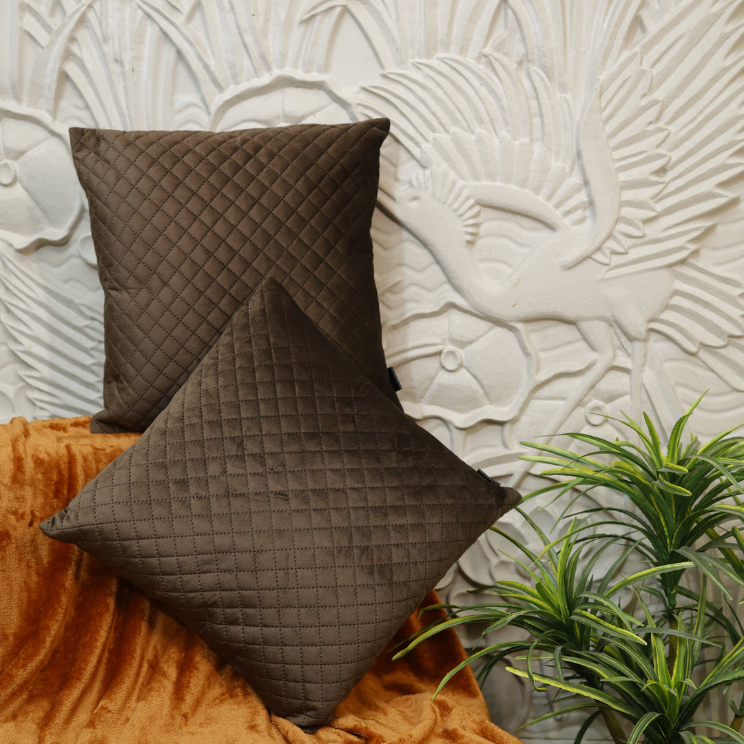 Quilted Cushion Cover In Mocha Brown, Set Of 2, 16x16 inch