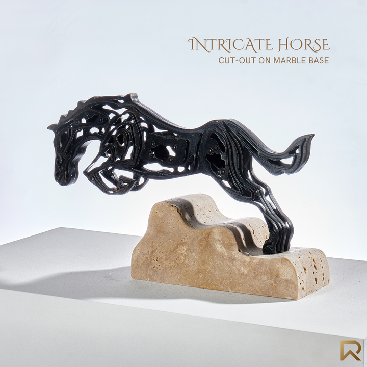 Intricate Metal Running Horse Cut-Out on Marble Base