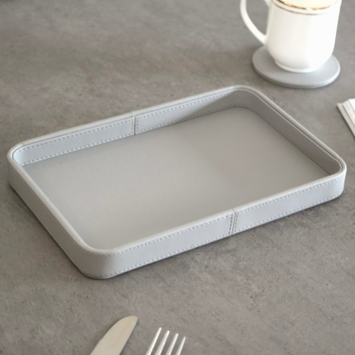 Faux Leather Oblong Serving Tray, Grey