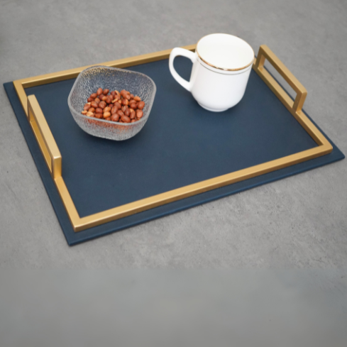 Blue Faux Leather Serving Tray with Golden Handles, Rectangle