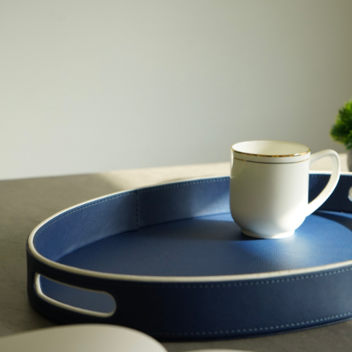 Blue and White Faux Leather Oval Serving Tray