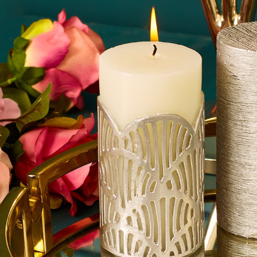 Crackle Jali Pillar candle in Silver, Large