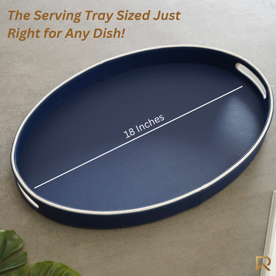 Blue and White Faux Leather Oval Serving Tray