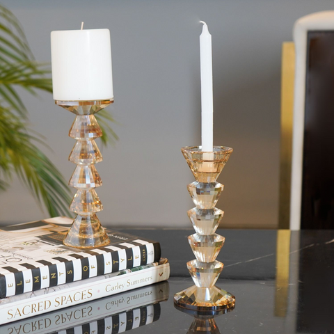 Dual Side Crystal Tapered Candle Holder, Tinted Gold