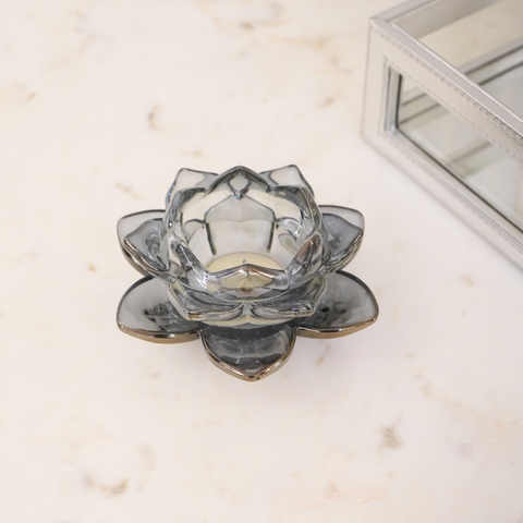 Grey Blue Lotus Glass Tealight Candle Holder