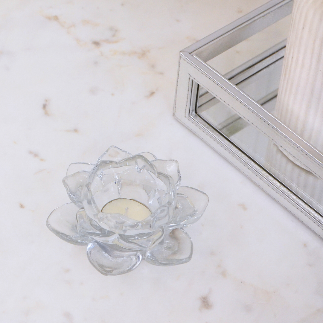 Clear Silver Lotus Glass Tealight Candle Holder