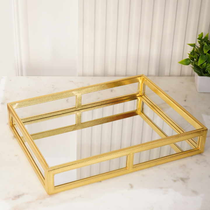 Gold leather/ mirror tray