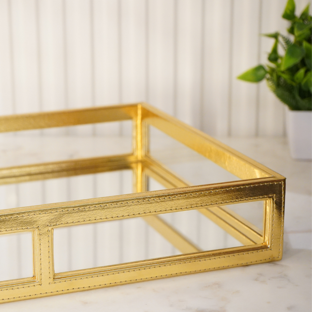 Gold leather/ mirror tray