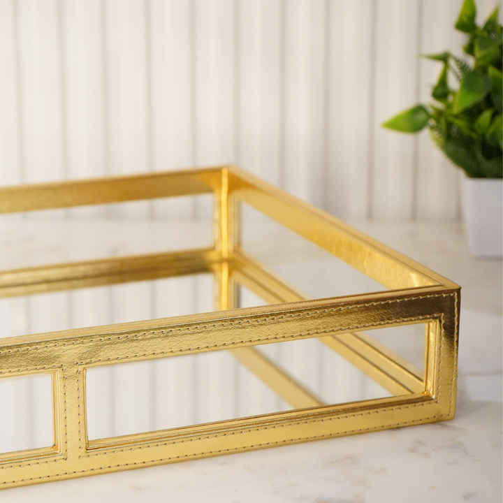 Gold leather/ mirror tray