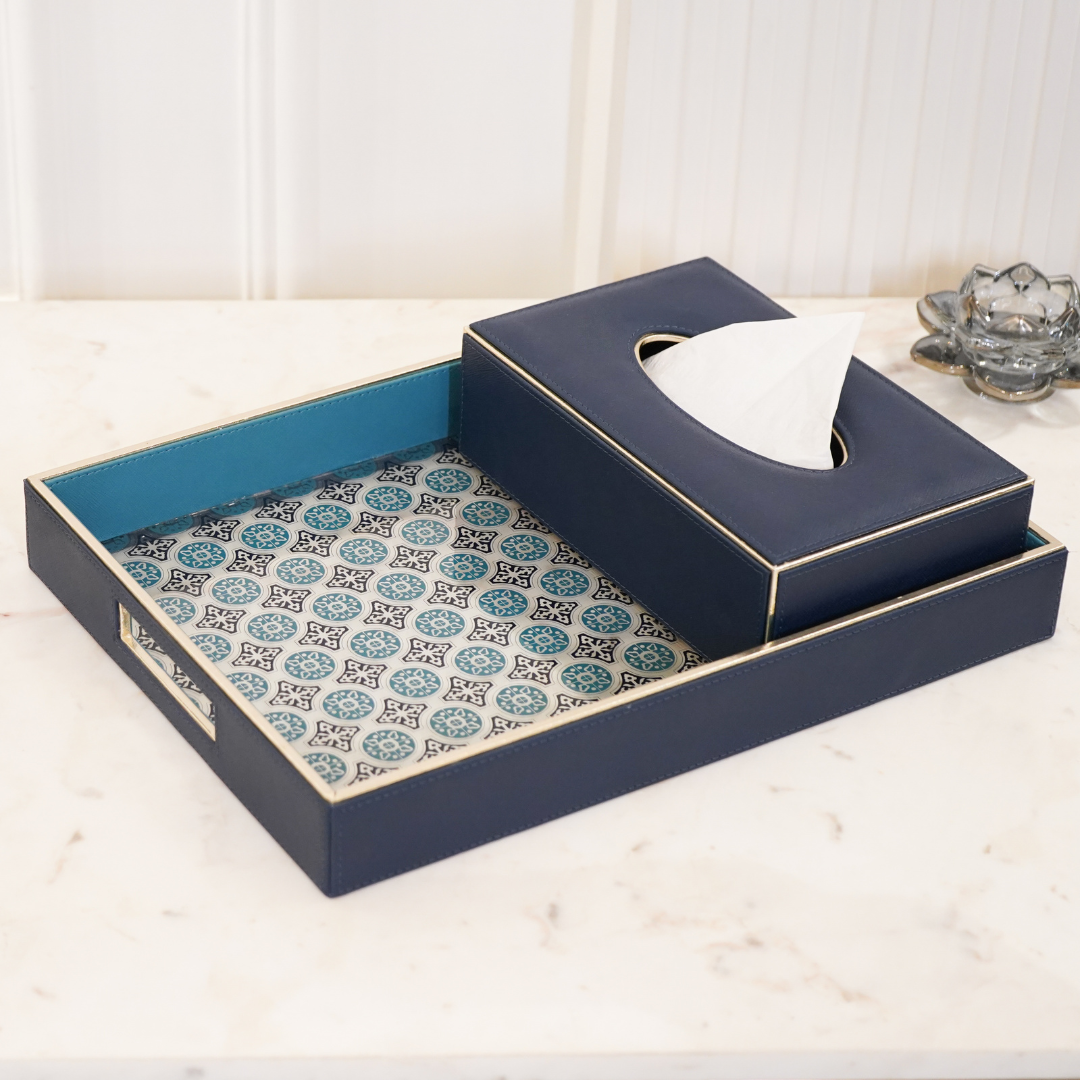 Lazer Cut Rectangle Faux Leather Tray, Blue