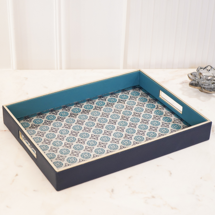 Lazer Cut Rectangle Faux Leather Tray, Blue