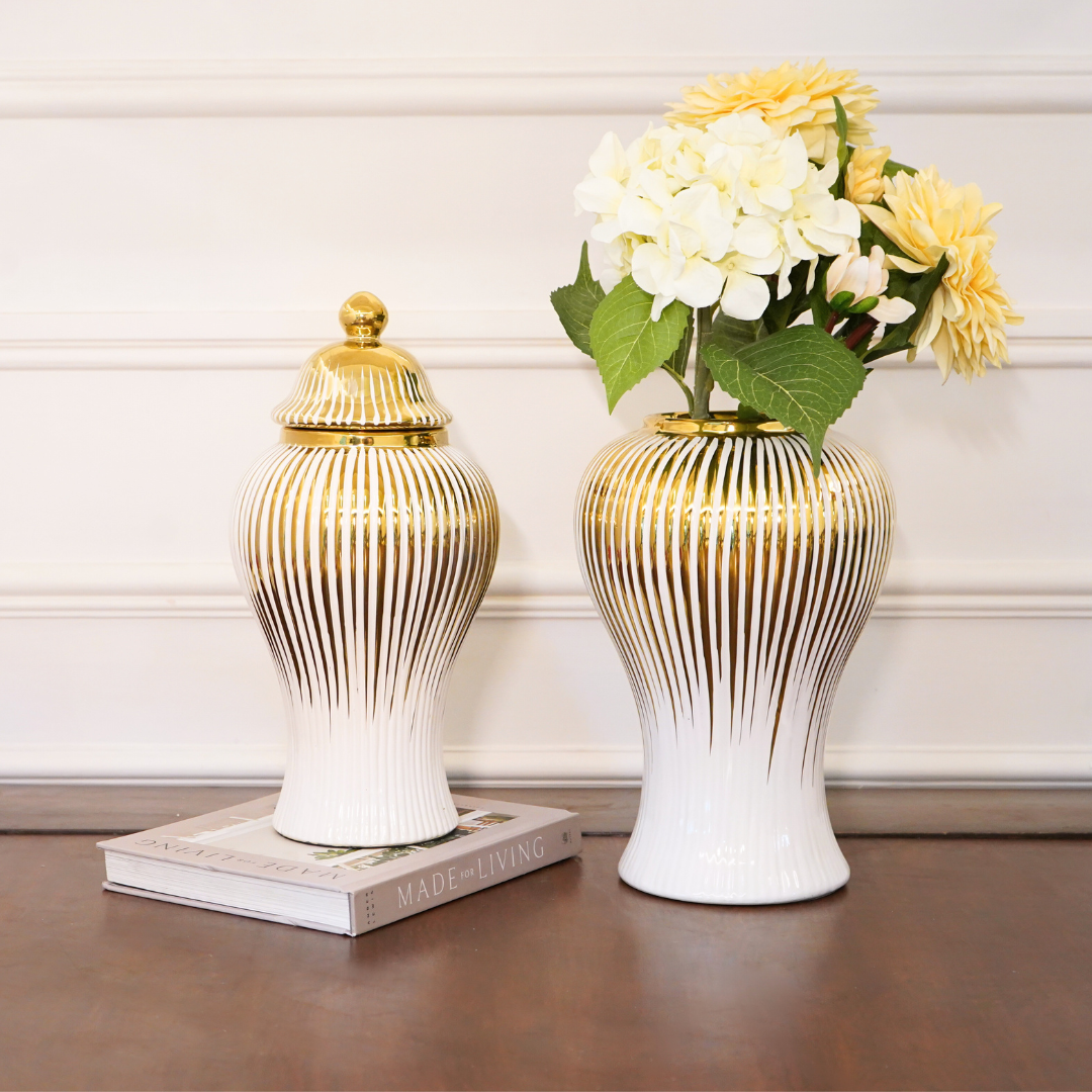 Gold and Ivory Fluted Ceramic Urn with Lid, Small