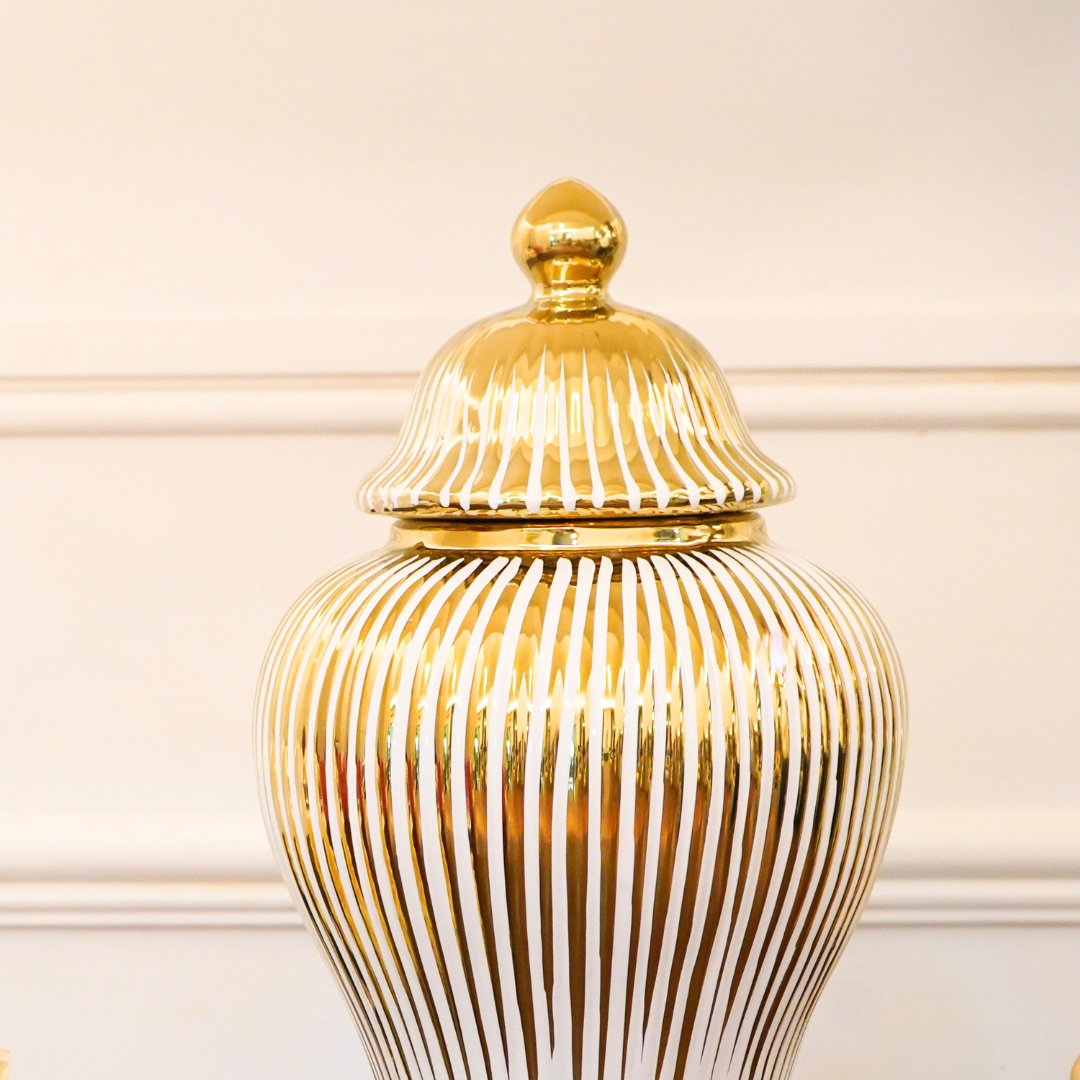 Gold and Ivory Fluted Ceramic Urn with Lid, Big