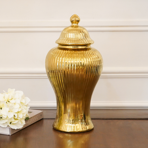 Gold Fluted Ceramic Urn / Vase with Lid, Big