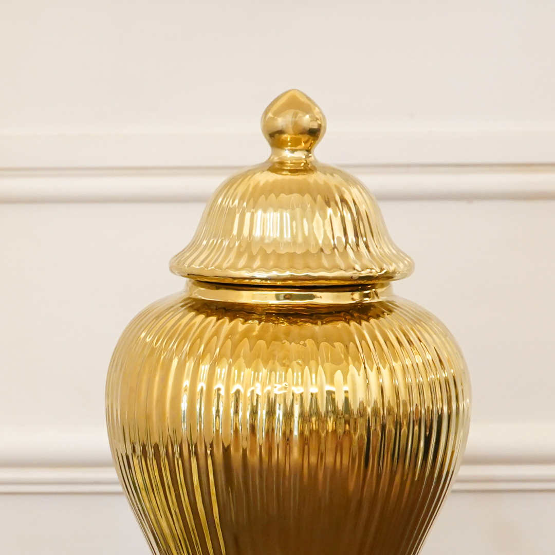 Gold Fluted Ceramic Urn / Vase with Lid, Big