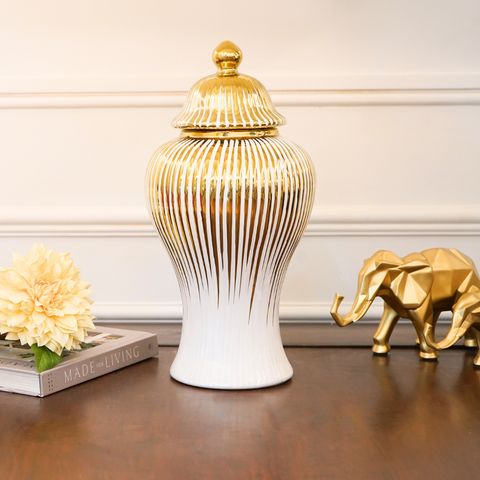 Gold and Ivory Fluted Ceramic Urn with Lid, Big