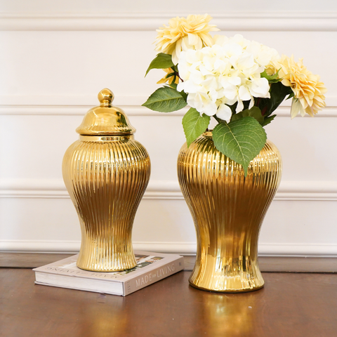 Gold Fluted Ceramic Urn / Vase with Lid, Small