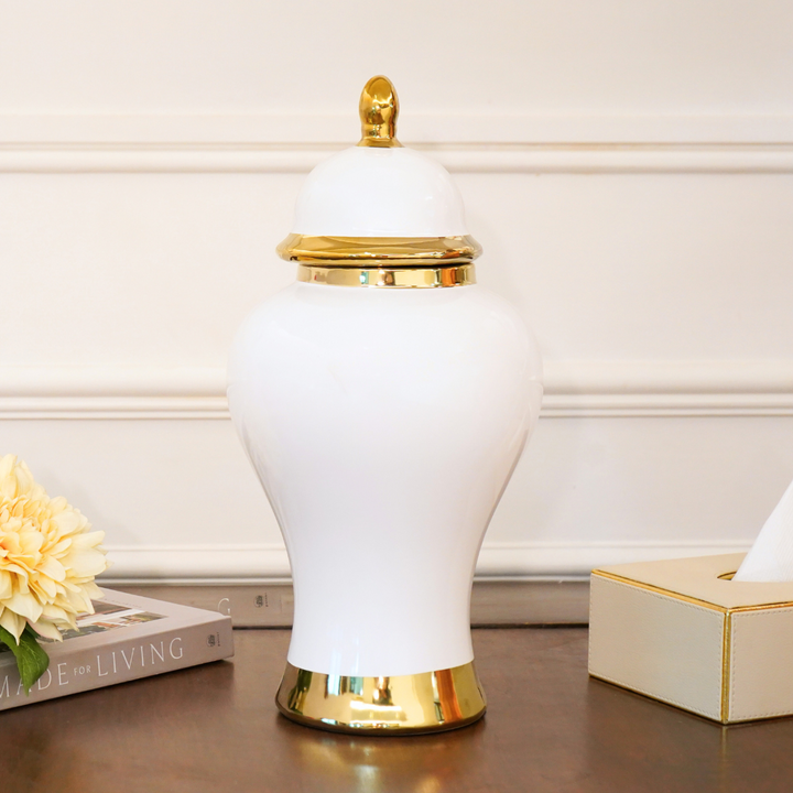 White Urn in Golden Accents with Lid, Big