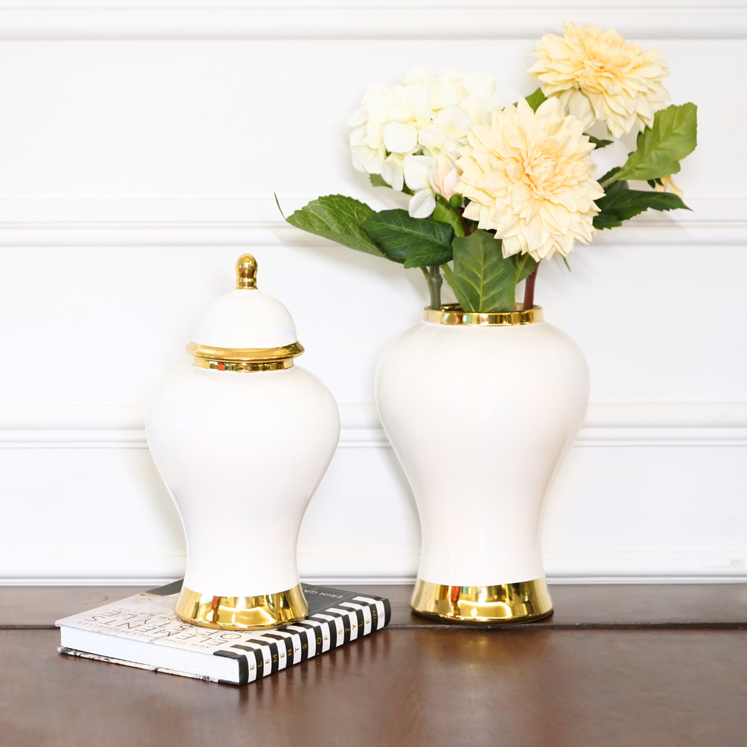 White Urn in Golden Accents with Lid, Big