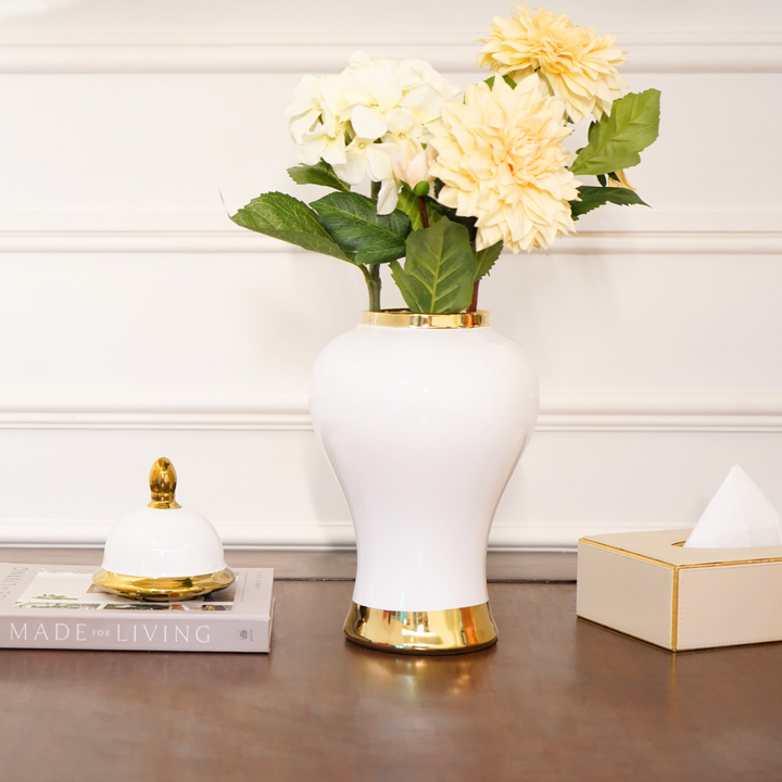 White Urn in Golden Accents with Lid, Big