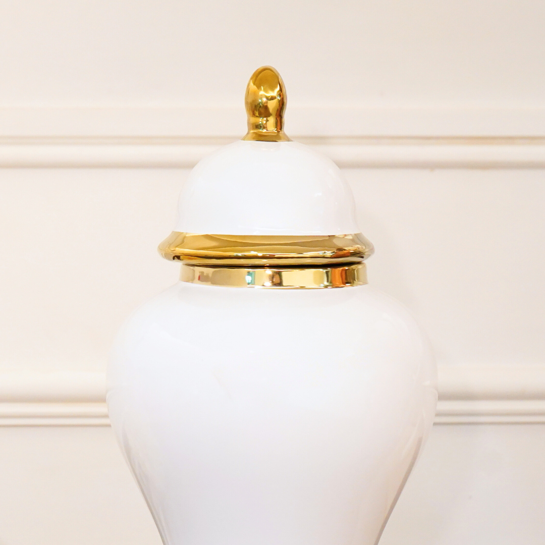 White Urn in Golden Accents with Lid, Big