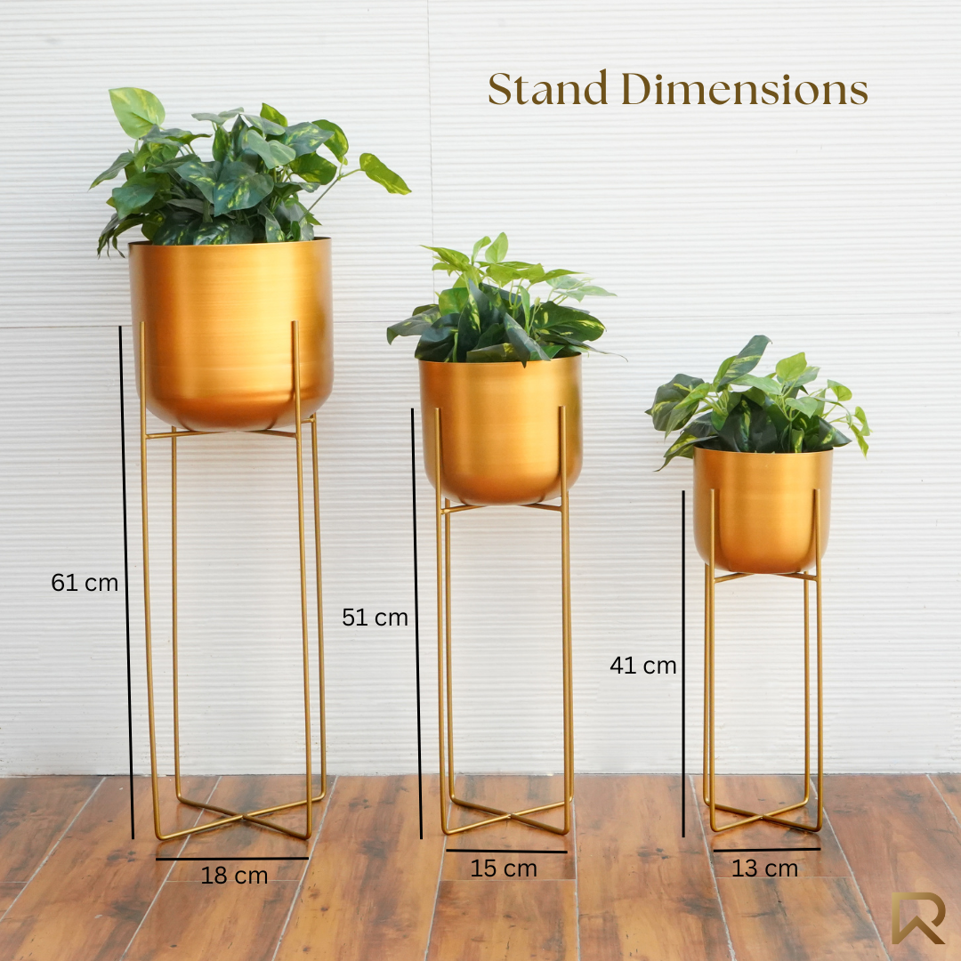 Metal Planters In Gold With Stand, Set Of 3