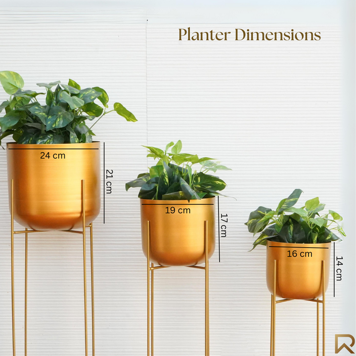 Metal Planters In Gold With Stand, Set Of 3