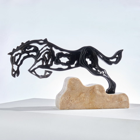 Intricate Metal Running Horse Cut-Out on Marble Base