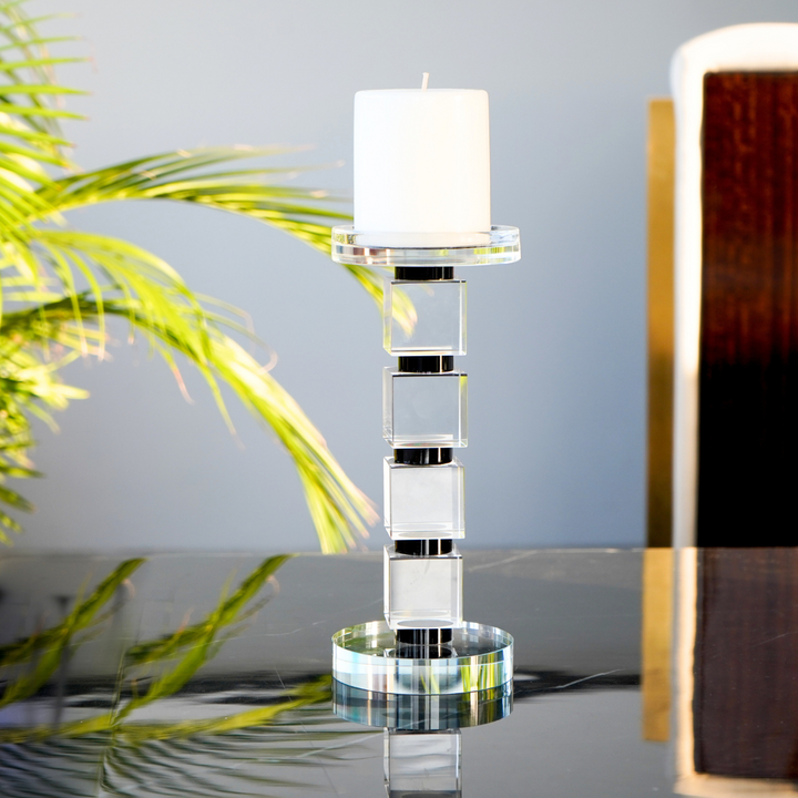 Crystal Stacked Cubes Candle Holder, Black & Clear