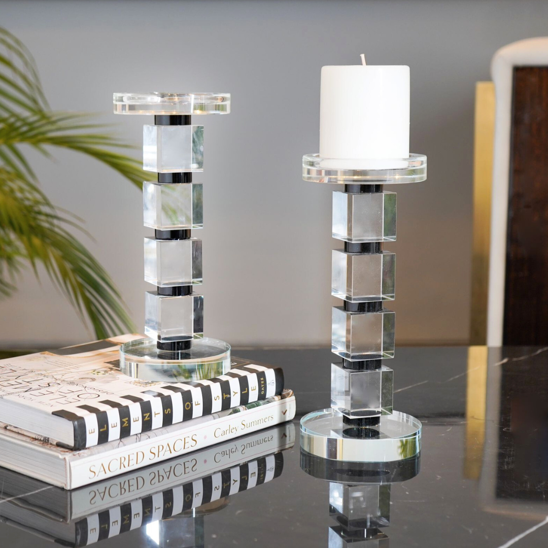 Crystal Stacked Cubes Candle Holder, Black & Clear