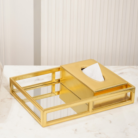 Gold leather/ mirror tray