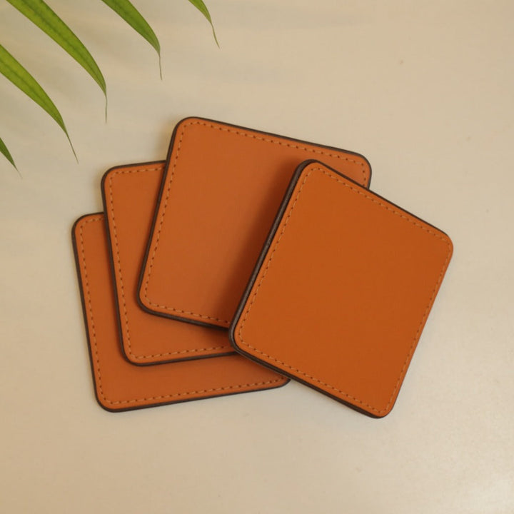 Set of 4 Faux Leather Coasters, Tan